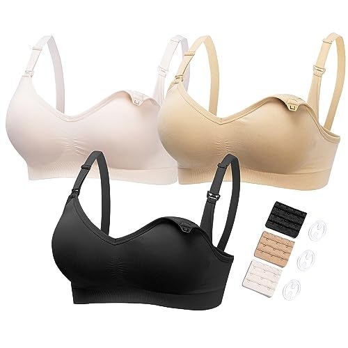 HOFISH Maternity Nursing Bras for Breastfeeding, 3 Pack Pregnancy Deep V Neck Wireless Bra with Extenders & Clips, Pink-Black-Beige, XL - Image 1