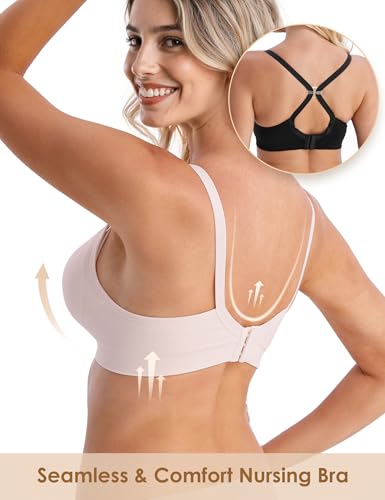 HOFISH Maternity Nursing Bras for Breastfeeding, 3 Pack Pregnancy Deep V Neck Wireless Bra with Extenders & Clips, Pink-Black-Beige, XL - Image 4