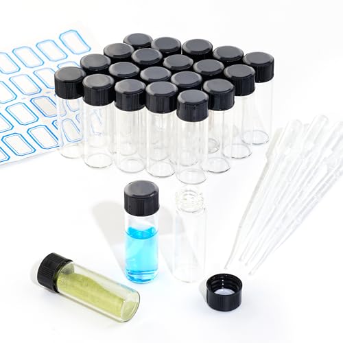 ETTSNU 20PCS 4ml Clear Glass Vials with Screw Caps and PE pad, 1 Dram Small Lab Sample Vials with Lids, Leak-Proof Liquid Storage Empty Vial(with Droppers and Marker Stickers) - Image 1