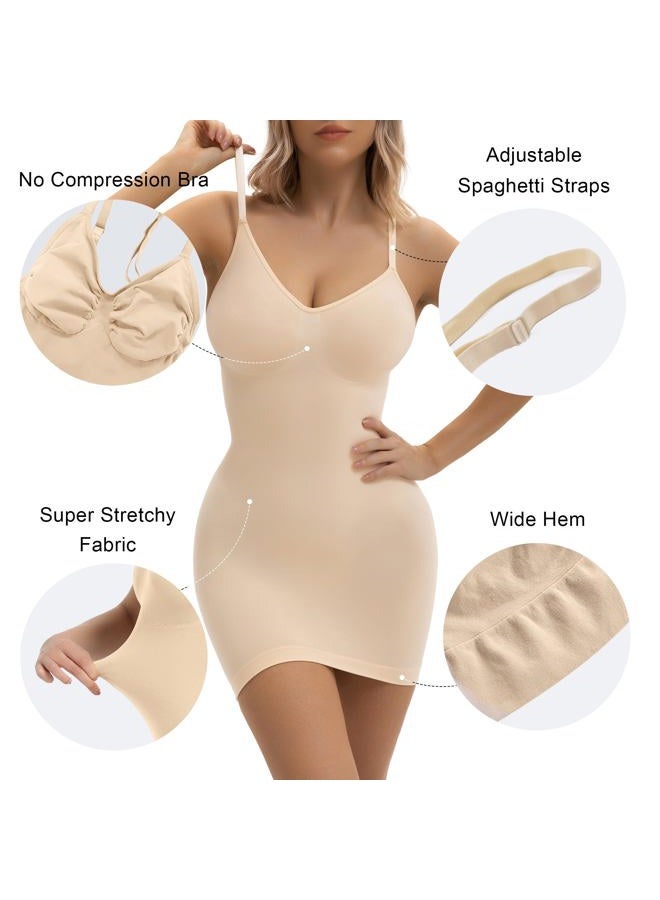 SHAPERX Shapewear Dress for Women Tummy Control Full Slip for Under Dresses Seamless Body Shaper, Beige, L-XL - Image 4