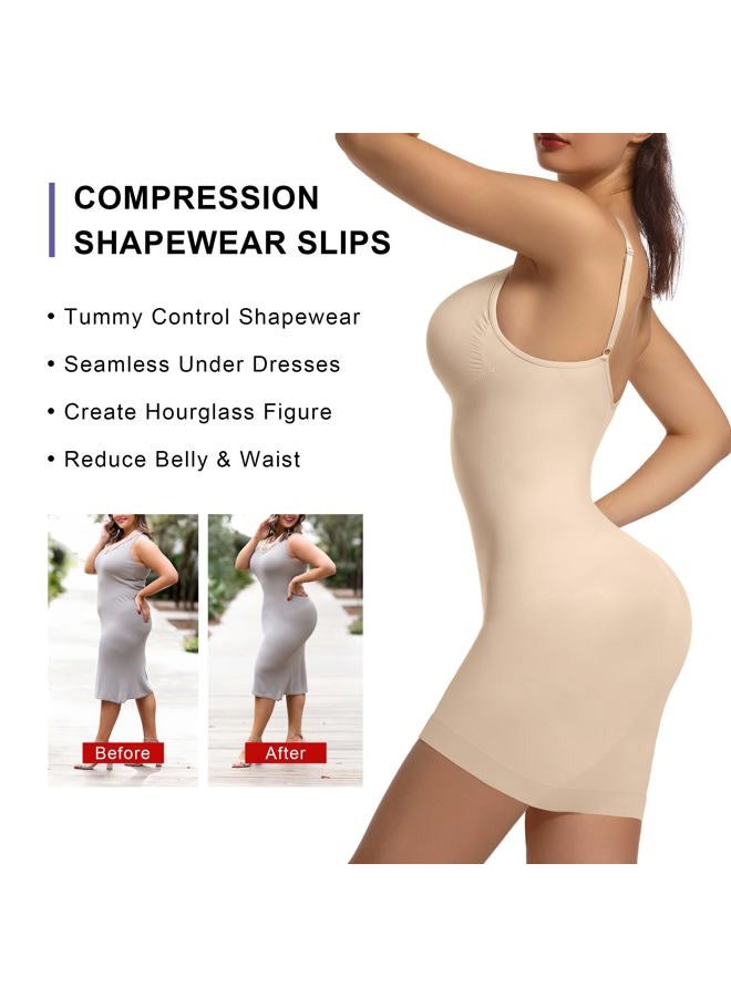SHAPERX Shapewear Dress for Women Tummy Control Full Slip for Under Dresses Seamless Body Shaper, Beige, L-XL - Image 5