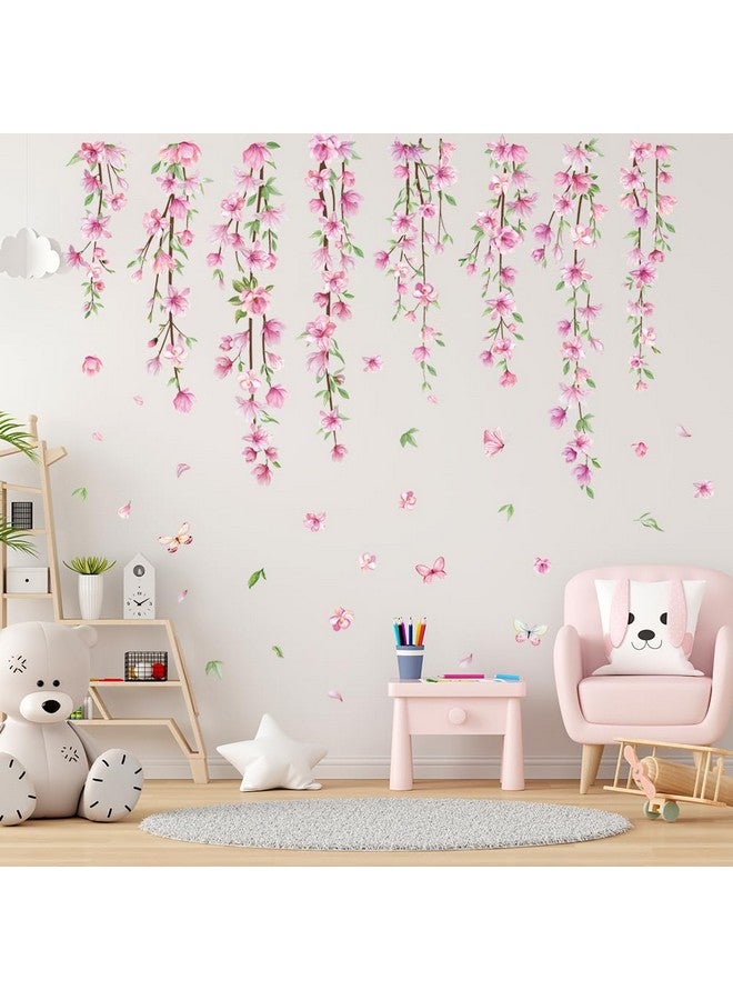 Amtoodopin Pink Flower Vine Wall Decals Hanging Floral Wall Stickers Spring Cherry Blossom Peel and Stick Wall Art Decal Removable Vinyl Mural for Girls Bedroom Nursery Living Room - Image 1