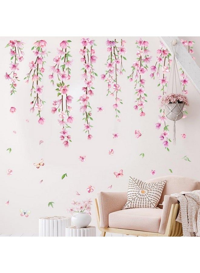 Amtoodopin Pink Flower Vine Wall Decals Hanging Floral Wall Stickers Spring Cherry Blossom Peel and Stick Wall Art Decal Removable Vinyl Mural for Girls Bedroom Nursery Living Room - Image 4