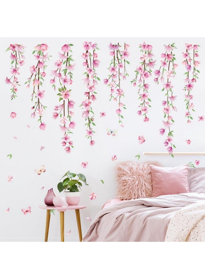 Amtoodopin Pink Flower Vine Wall Decals Hanging Floral Wall Stickers Spring Cherry Blossom Peel and Stick Wall Art Decal Removable Vinyl Mural for Girls Bedroom Nursery Living Room - Image 2