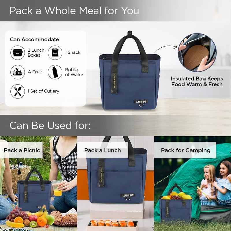 Umai UMAI Insulated Lunch Bag for Kids, Women & Men, Ideal Tote Tiffin Bag for Office/School/Camping/Gym-Lightweight, Durable Handle, Large Capacity, Multifunctional Pockets, Easy to Clean (Navy Blue)  - Image 4