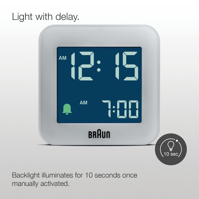 BRAUN ساعة براون الرقمية للسفر مع وظيفة الغفوة بحجم مدمج شاشة LCD سلبية تنبيه تصاعدي باللون الرمادي نموذج BC08G - Image 3