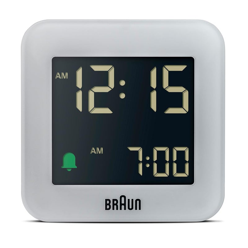BRAUN ساعة براون الرقمية للسفر مع وظيفة الغفوة بحجم مدمج شاشة LCD سلبية تنبيه تصاعدي باللون الرمادي نموذج BC08G - Image 1