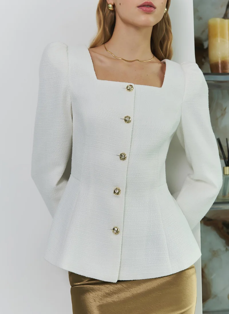 Tweed jacket with square neckline and golden buttons