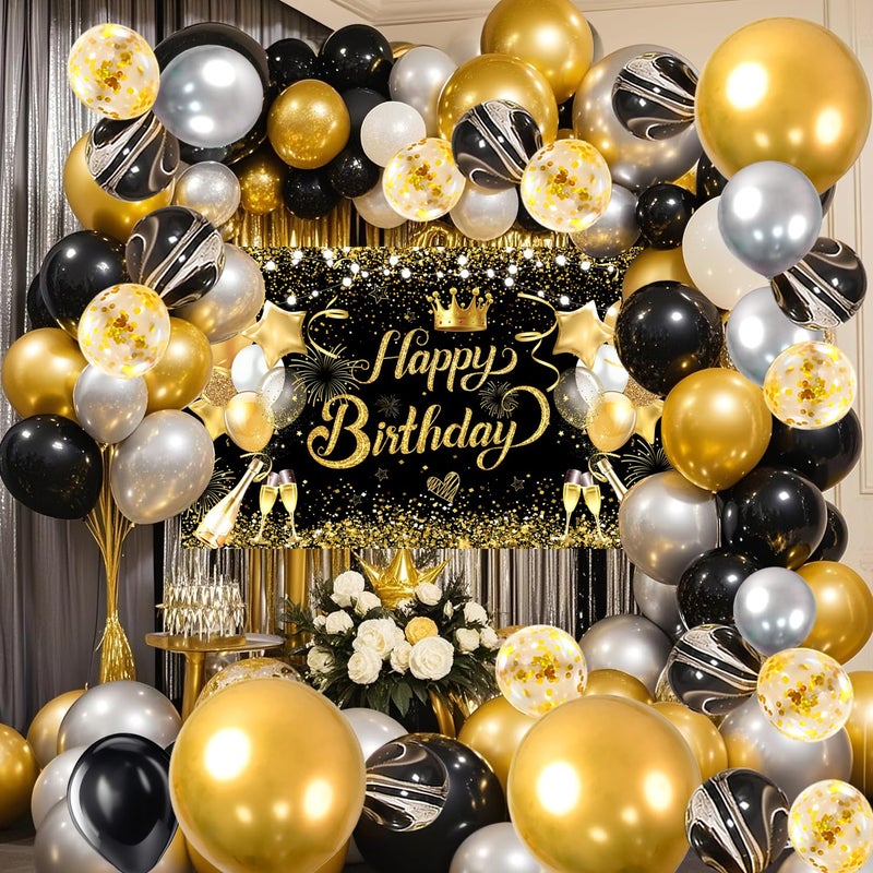 YinQin 80 PCS Black Gold Happy Birthday Party Balloons Set with Photo Backgrounds Backdrops Banner Cloth Gliter Black Golden Bday Balloon Decorations Happy Birthday Party Supplies for Men Women - Image 2