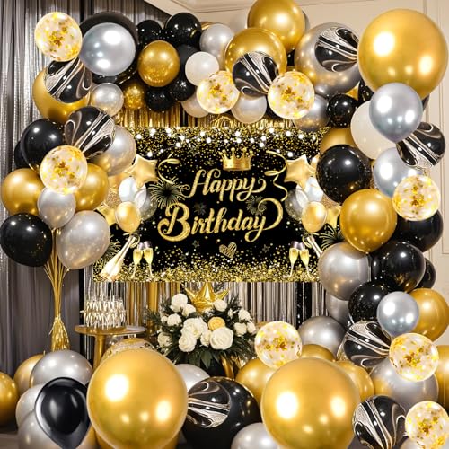 YinQin 80 PCS Black Gold Happy Birthday Party Balloons Set with Photo Backgrounds Backdrops Banner Cloth Gliter Black Golden Bday Balloon Decorations Happy Birthday Party Supplies for Men Women - Image 1