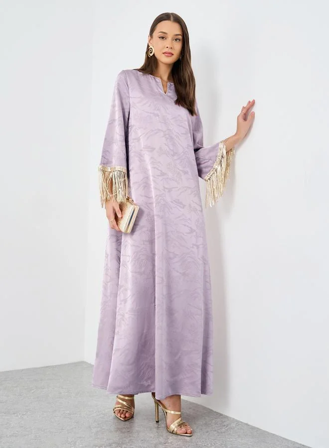 Amirah Amirah Jacquard Notch Neck Tasseled Jalabiya