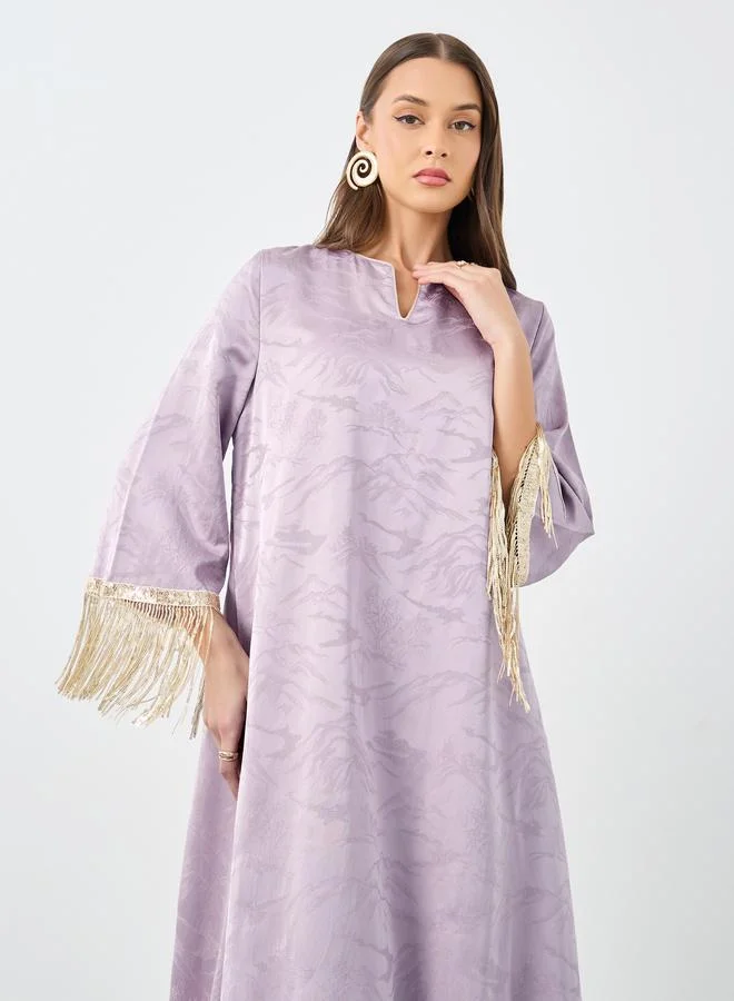 Amirah Amirah Jacquard Notch Neck Tasseled Jalabiya