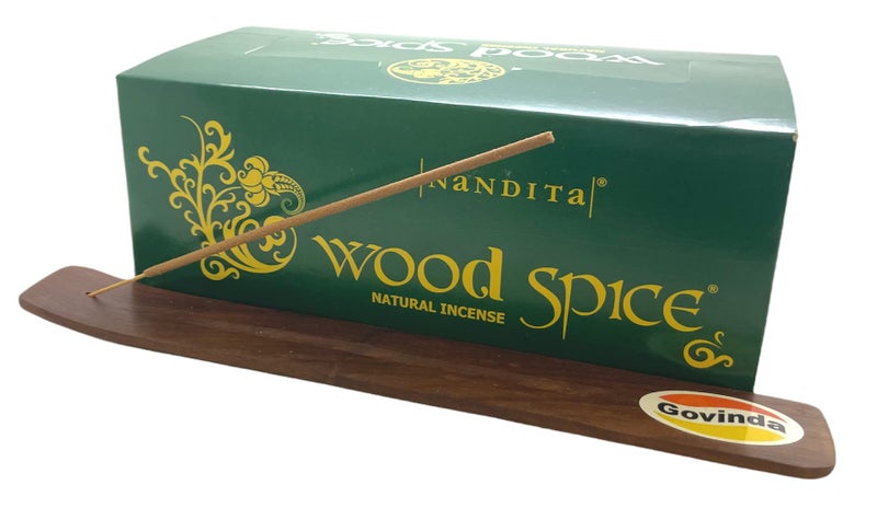 Govinda Incense Stick Holder Bundle with Nandita Wood Spice Incense Sticks - 12 Boxes x 15 Grams - Image 1