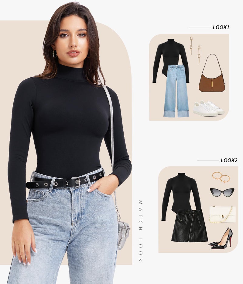 Irisnaya Long Sleeve Bodysuit for Women Turtleneck Long Sleeve Body Suits High Neck - Image 3