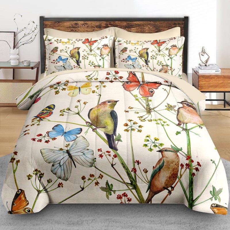 Pamnest Comforter Set Queen Size, Vintage Birds Butterfly Colorful 7 Pcs Bedding for Kids and Adults, Floral Spring Beige Bed Sheet Sets with Fitted Sheet 2 Pillowcase & 2 Sham for Bedroom Bed Decor - Image 3