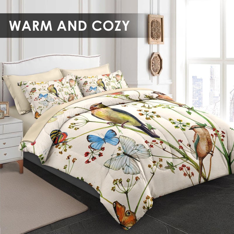 Pamnest Comforter Set Queen Size, Vintage Birds Butterfly Colorful 7 Pcs Bedding for Kids and Adults, Floral Spring Beige Bed Sheet Sets with Fitted Sheet 2 Pillowcase & 2 Sham for Bedroom Bed Decor - Image 2