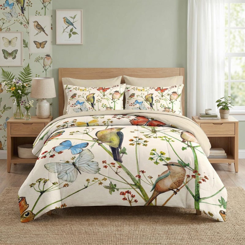 Pamnest Comforter Set Queen Size, Vintage Birds Butterfly Colorful 7 Pcs Bedding for Kids and Adults, Floral Spring Beige Bed Sheet Sets with Fitted Sheet 2 Pillowcase & 2 Sham for Bedroom Bed Decor - Image 1