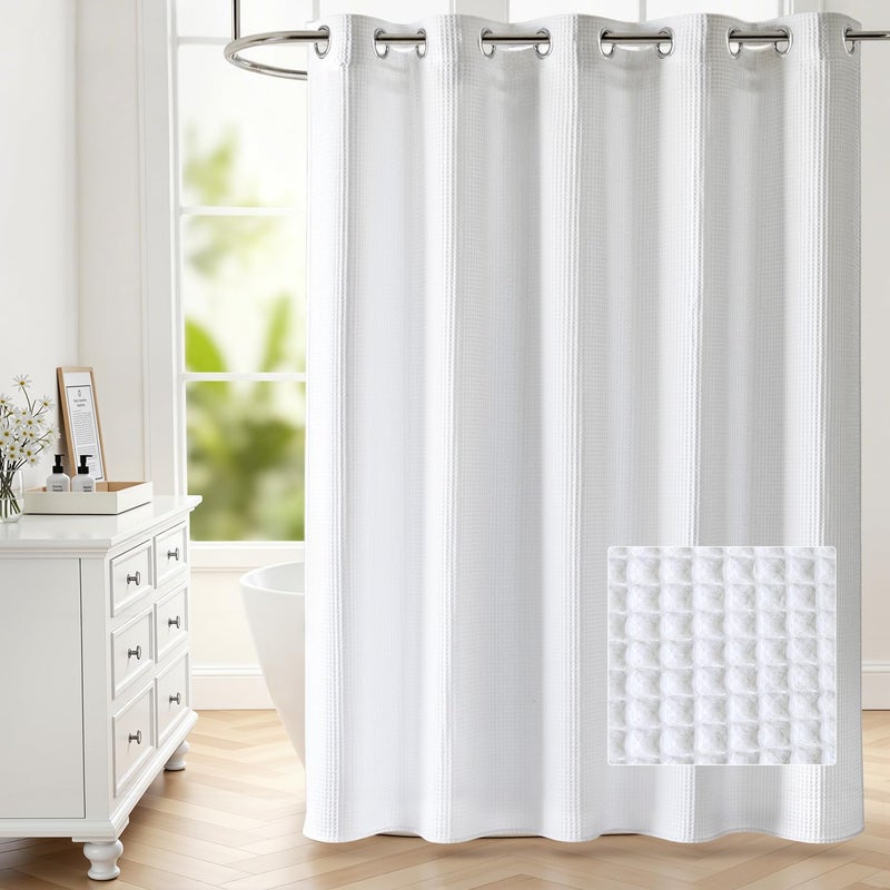 River Dream Waffle No Hooks Shower Curtain with Snap in Liner,Cotton Blend Fabric Shower Curtain for Bathroom,Hotel Quality,White,71 Wx 74 L - Image 1