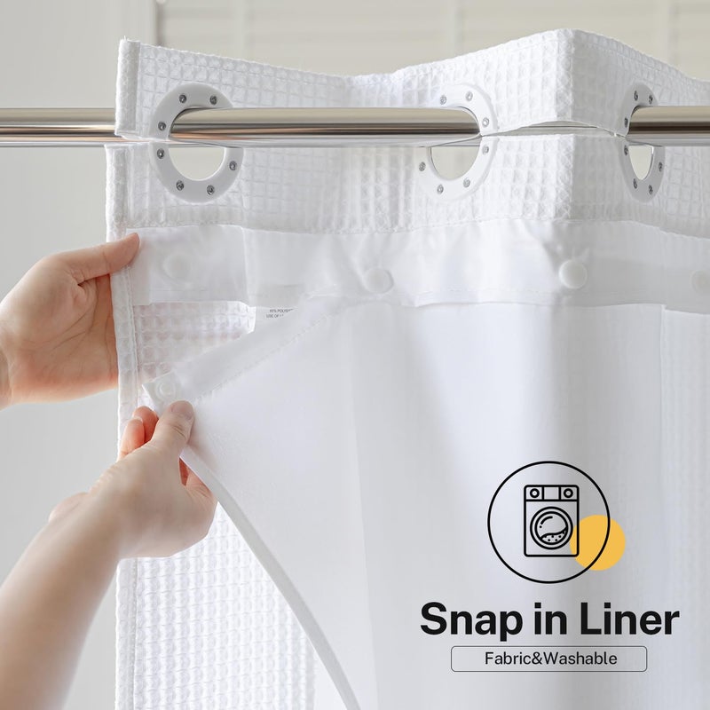 River Dream Waffle No Hooks Shower Curtain with Snap in Liner,Cotton Blend Fabric Shower Curtain for Bathroom,Hotel Quality,White,71 Wx 74 L - Image 3