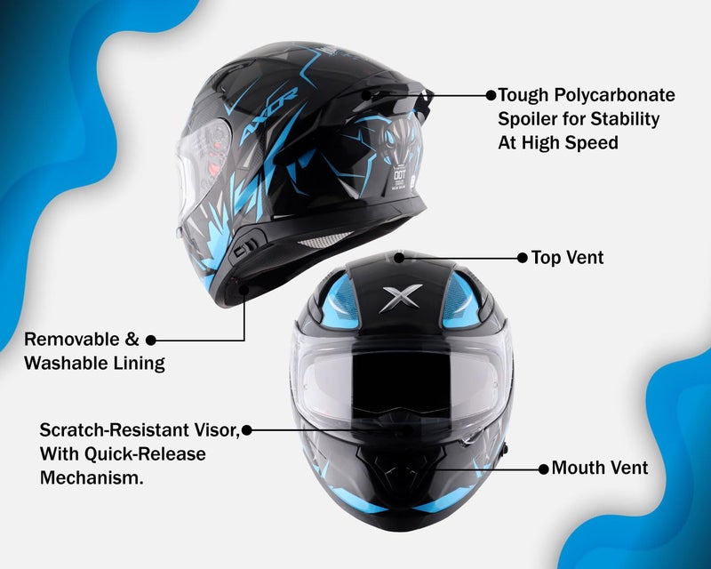 Axor Apex Hunter ISI ECE DOT Certified Full Face Dual Visor Helmet for Men and Women with Pinlock Fitted Outer Clear Visor and Inner Smoke Sun Visor Black Neon Blue Helmet-L - Image 5