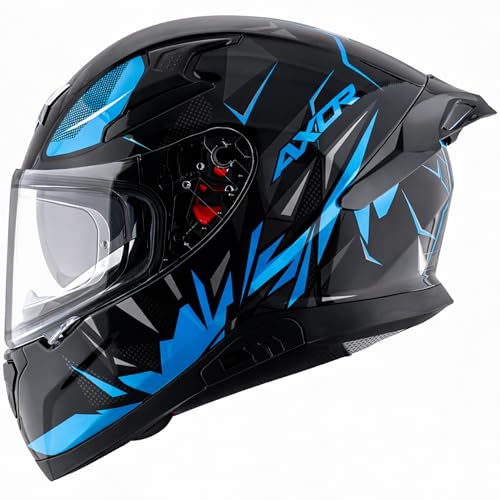 Axor Apex Hunter ISI ECE DOT Certified Full Face Dual Visor Helmet for Men and Women with Pinlock Fitted Outer Clear Visor and Inner Smoke Sun Visor Black Neon Blue Helmet-L - Image 1