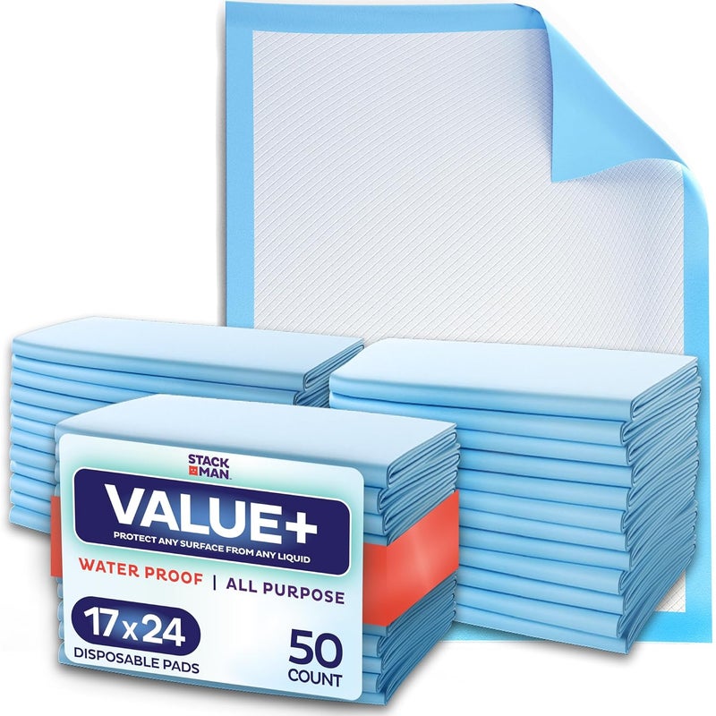 Stack Man Chucks Pads Disposable [50-Pack] Underpads 17"x 24" - Pee Pads for Dog, Puppy - Diaper Changing Table Pad for Baby - Incontinence Bed & Chair Liners for Elderly - Pet Potty Training Pads - Leak Proof - Image 1