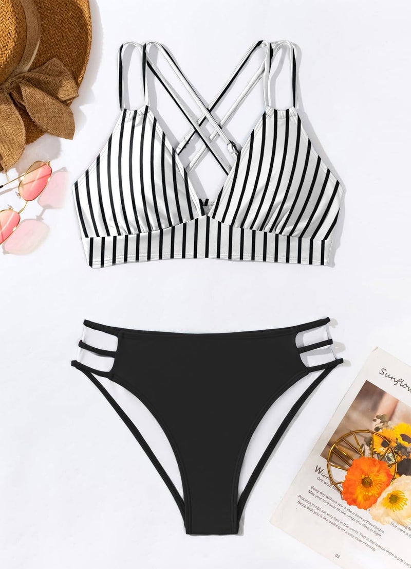 Fanuerg Women's V Neck Bikini Sets Hollow Out Push Up Swimsuit Criss Cross Back Two Piece Bathing Suit Black Stripe M - Image 4