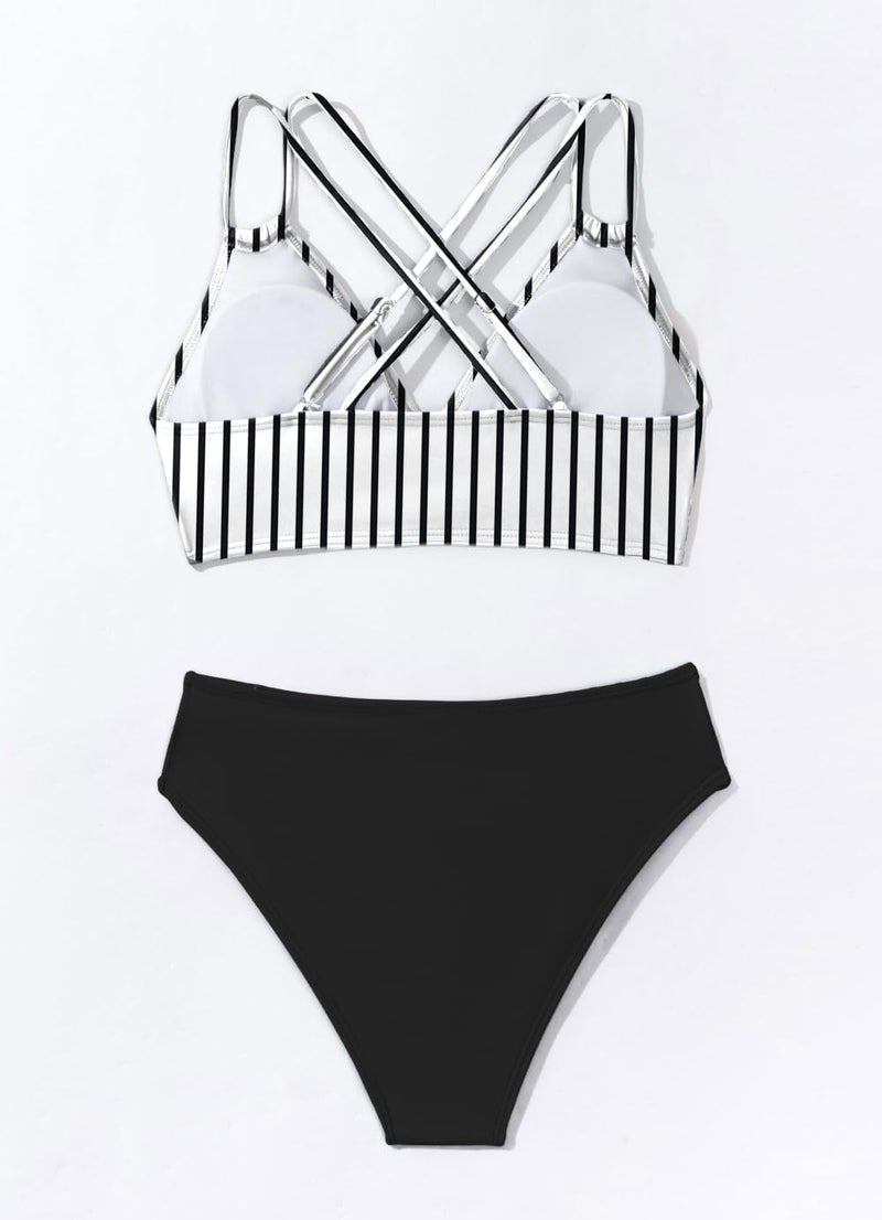 Fanuerg Women's V Neck Bikini Sets Hollow Out Push Up Swimsuit Criss Cross Back Two Piece Bathing Suit Black Stripe M - Image 5