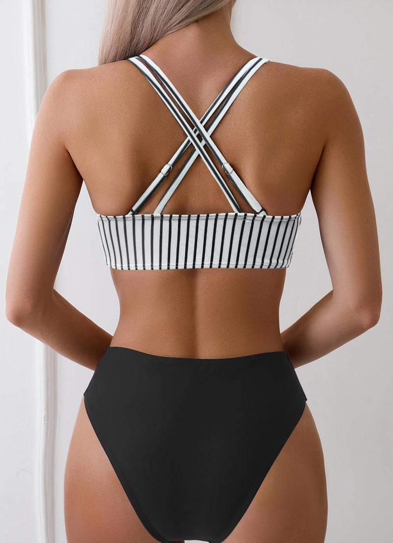 Fanuerg Women's V Neck Bikini Sets Hollow Out Push Up Swimsuit Criss Cross Back Two Piece Bathing Suit Black Stripe M - Image 2