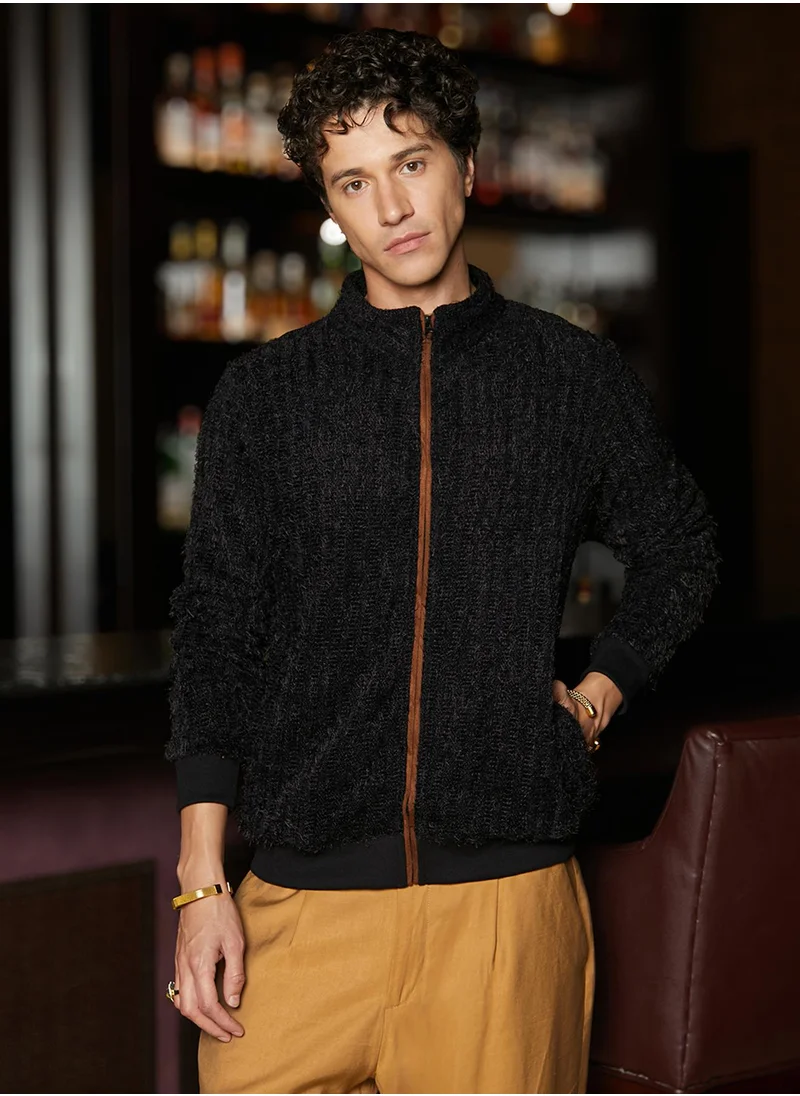 Campus Sutra Men's Carbon Black Self-Design Striped Knitted Jacket