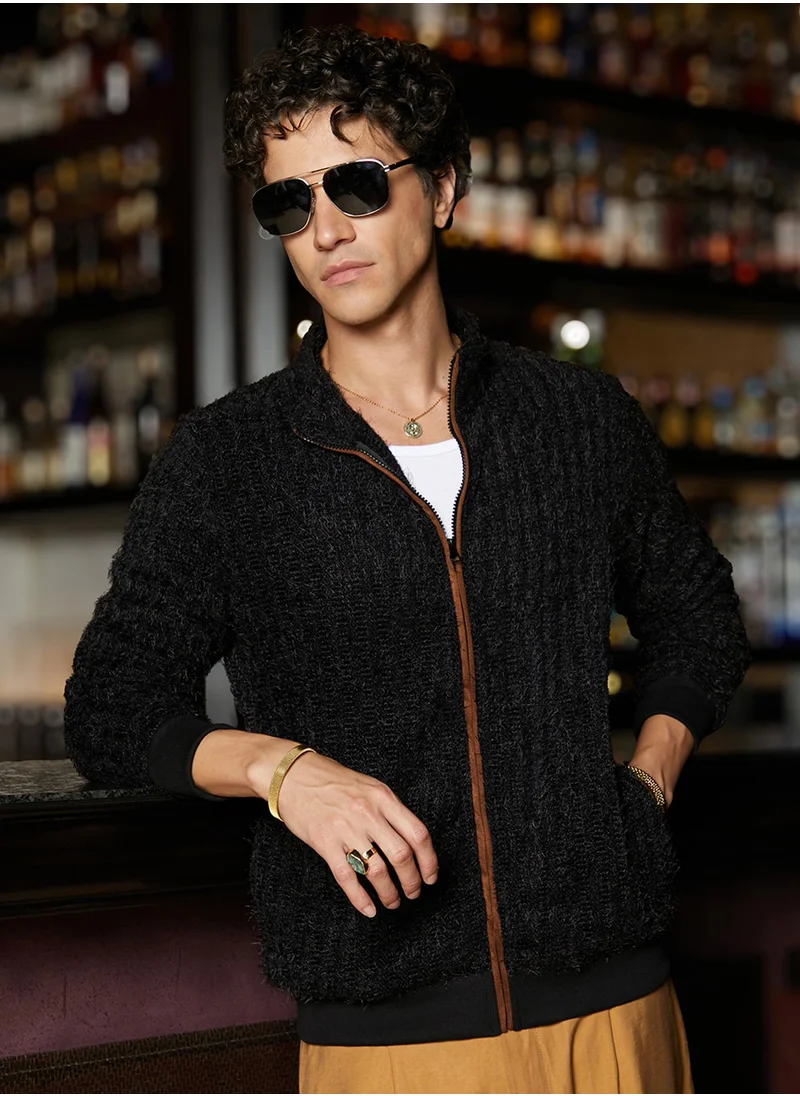 Campus Sutra Men's Carbon Black Self-Design Striped Knitted Jacket