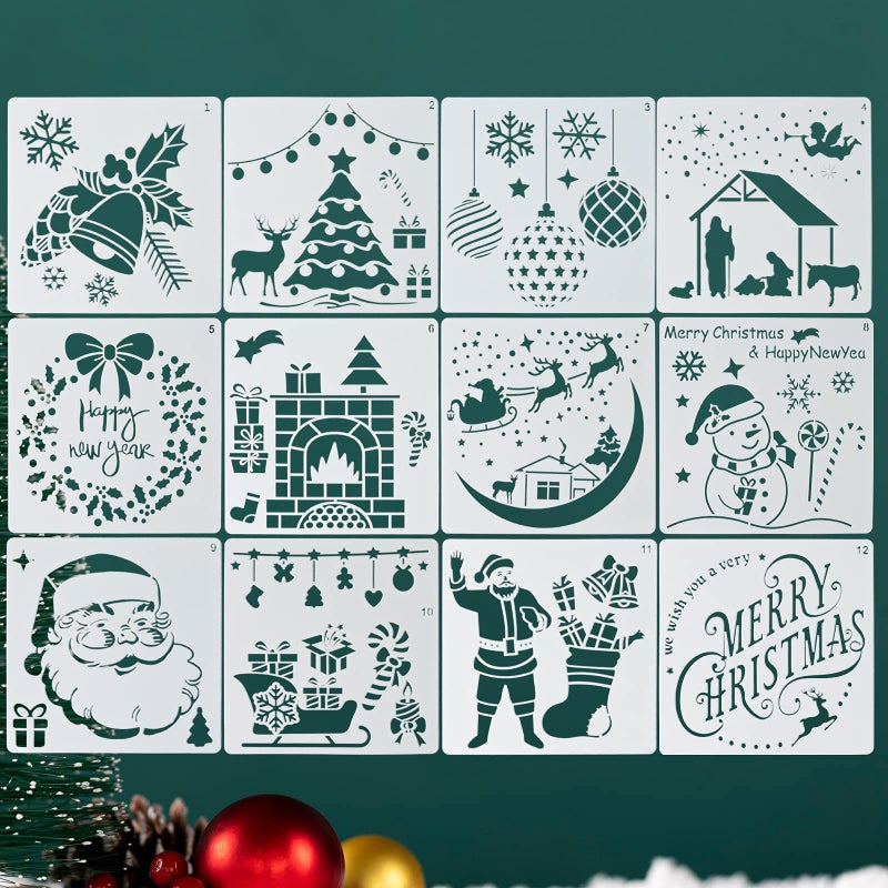 Andiker Andiker 12 Pcs Christmas Painting Stencils, Reusable Plastic Xmas Theme DIY Craft Drawing Templates, Santa Christmas Tree Snowman Stencil for Window Scrapbook Wall Decoration - Image 4