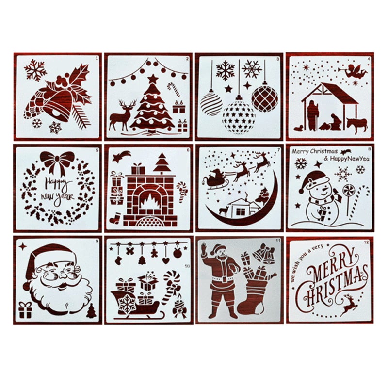 Andiker Andiker 12 Pcs Christmas Painting Stencils, Reusable Plastic Xmas Theme DIY Craft Drawing Templates, Santa Christmas Tree Snowman Stencil for Window Scrapbook Wall Decoration - Image 1