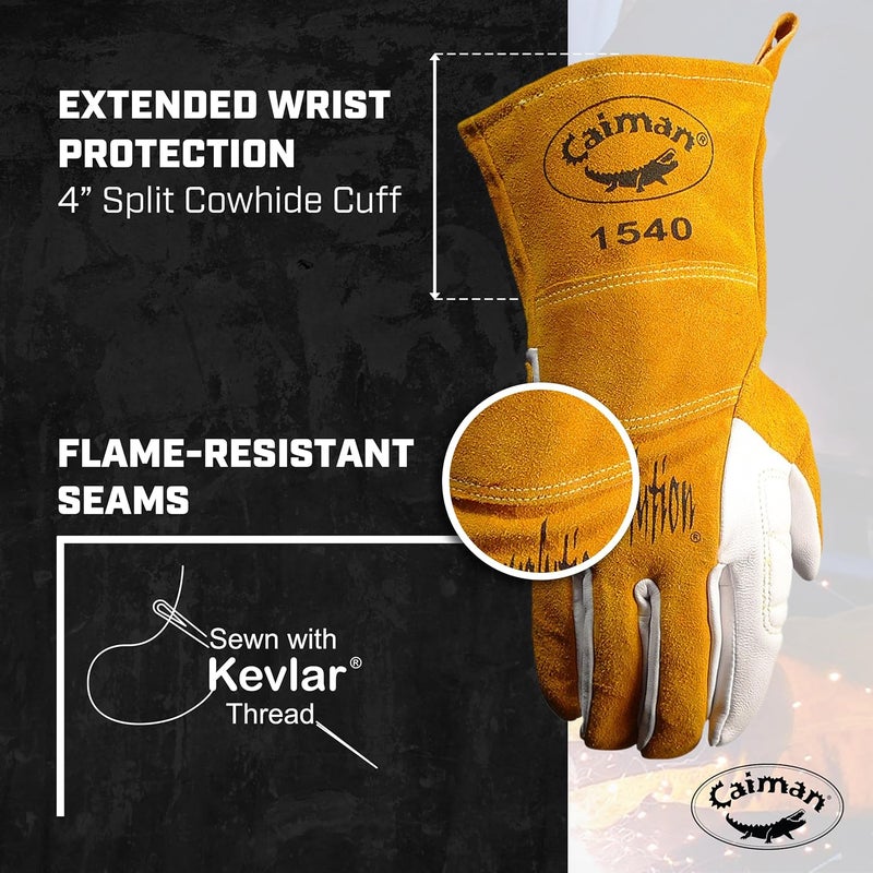 Caiman Premium Goat Grain TIGMultiTask Welding Gloves Split Cowhide Back 4Inch Extended Cuff WhiteGold Large 15405 - Image 4