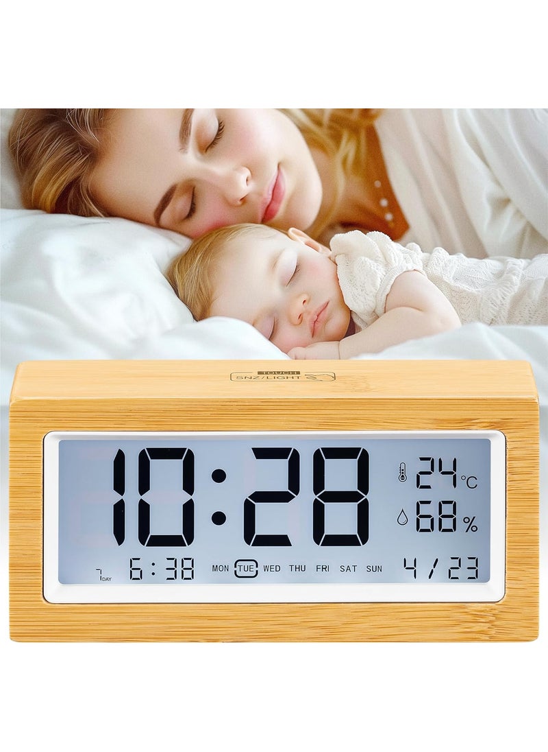 Navaris - Navaris Digital Alarm Clock for Bedside or Desk with Light  LCD Backlit Display Shows Date Temperature  Humidity  Battery Operated  Bamboo with White Frame - Image 1