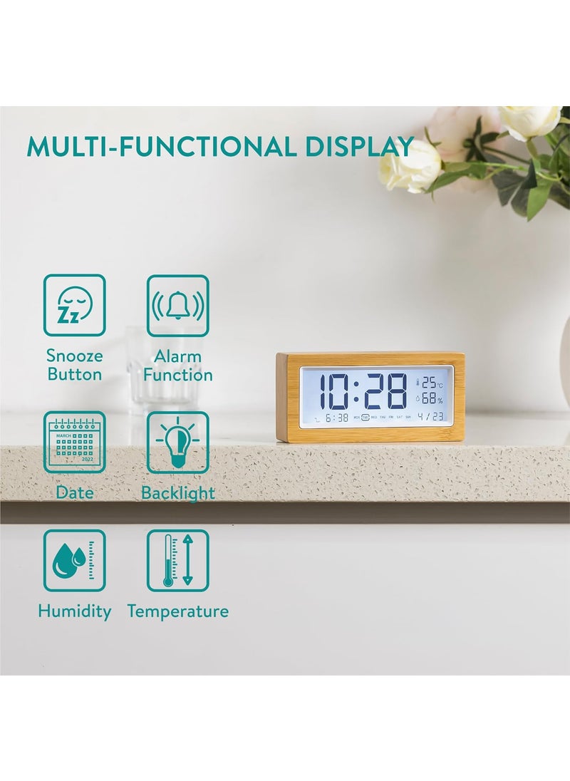 Navaris - Navaris Digital Alarm Clock for Bedside or Desk with Light  LCD Backlit Display Shows Date Temperature  Humidity  Battery Operated  Bamboo with White Frame - Image 1