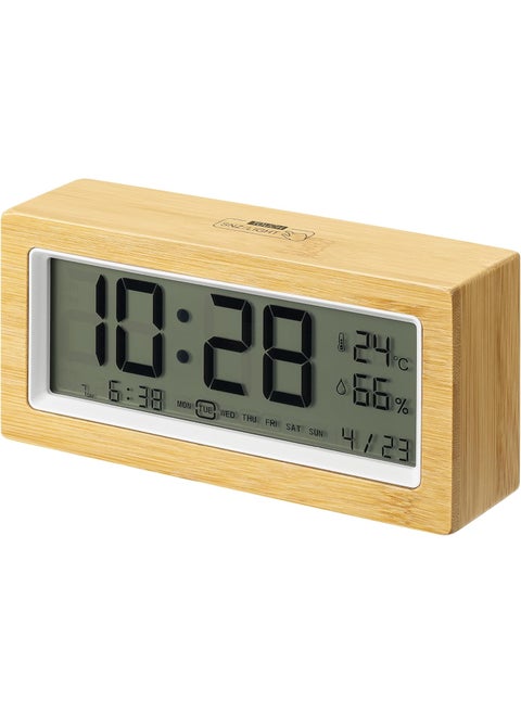 Navaris Digital Alarm Clock for Bedside or Desk with Light  LCD Backlit Display Shows Date Temperature  Humidity  Battery Operated  Bamboo with White Frame