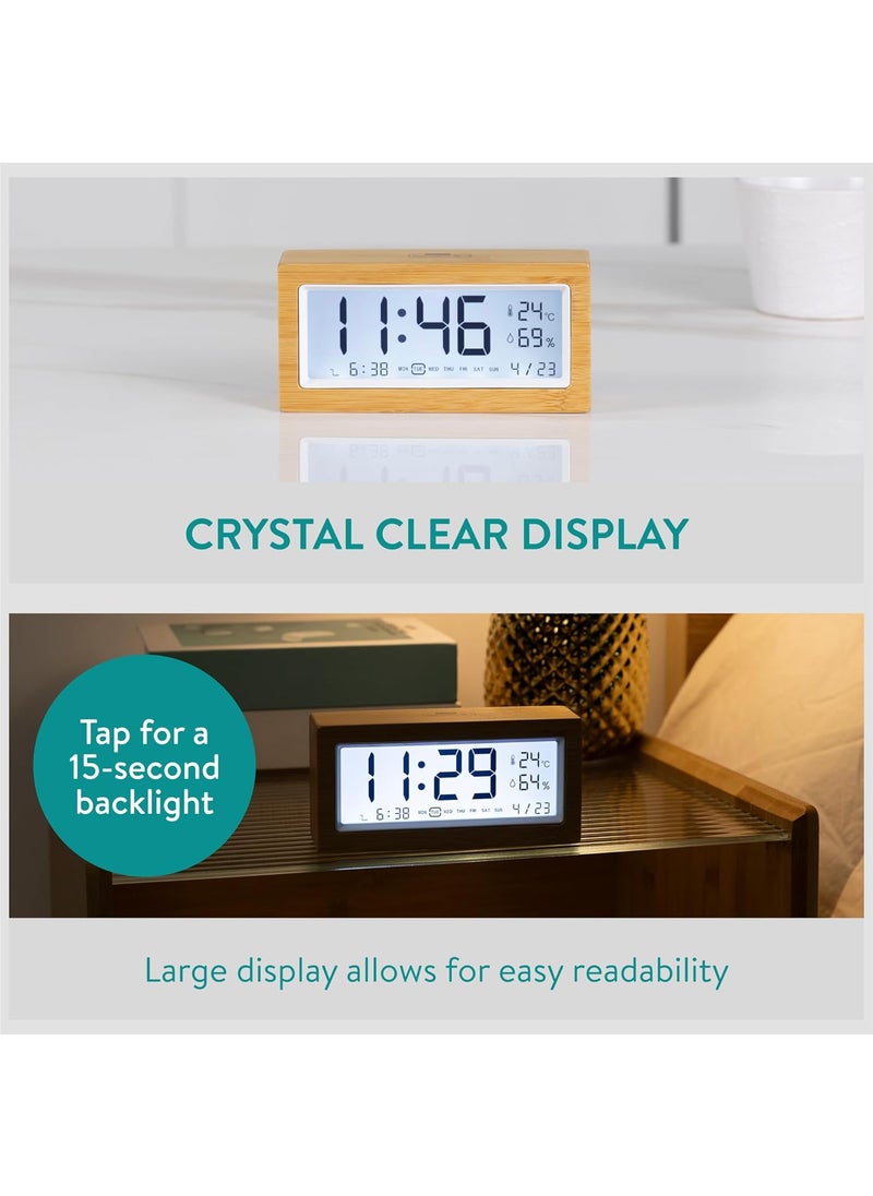 Navaris - Navaris Digital Alarm Clock for Bedside or Desk with Light  LCD Backlit Display Shows Date Temperature  Humidity  Battery Operated  Bamboo with White Frame - Image 1