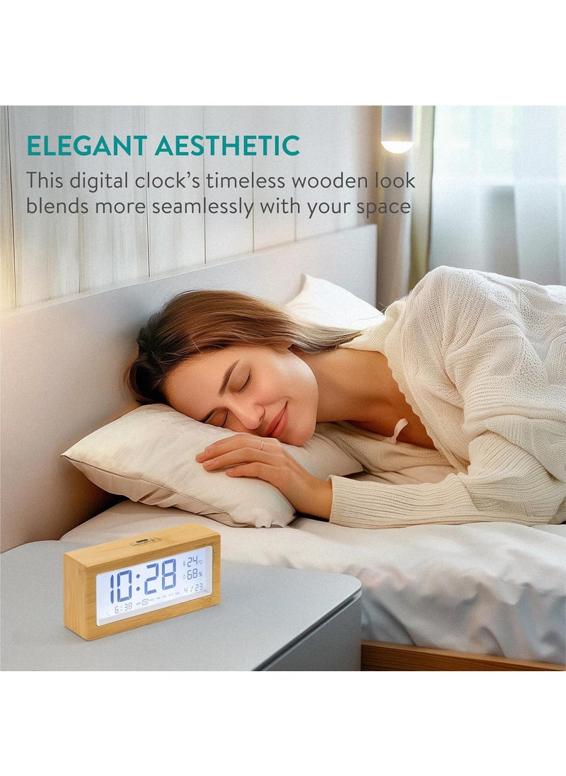 Navaris - Navaris Digital Alarm Clock for Bedside or Desk with Light  LCD Backlit Display Shows Date Temperature  Humidity  Battery Operated  Bamboo with White Frame - Image 1