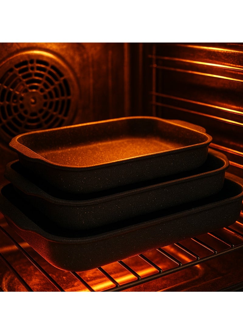 OZO 3Pcs Granite Rectangular Baking Trays , 31,33,35 Cm , Made in Turkey  - Image 3