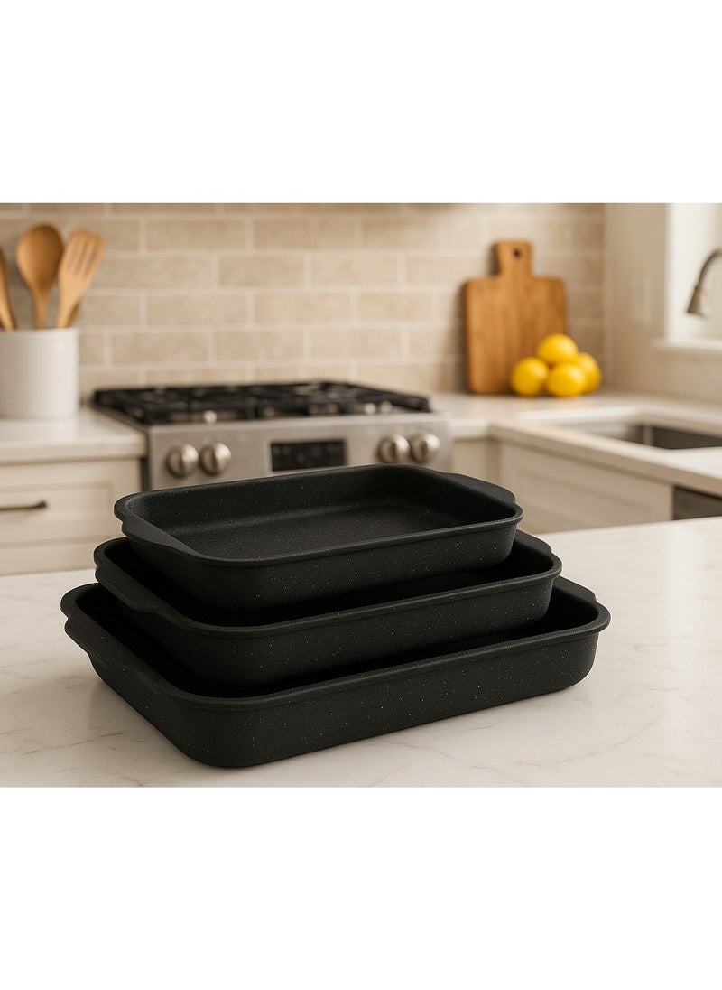 OZO 3Pcs Granite Rectangular Baking Trays , 31,33,35 Cm , Made in Turkey  - Image 1