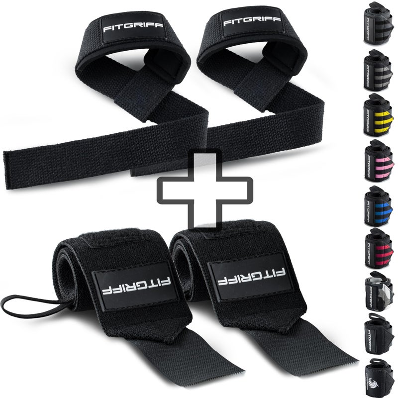 Fitgriff Lifting Straps Wrist Wraps Bundle Superior Support for Weightlifting Gym Workouts for Men and Women Full Black - Image 2
