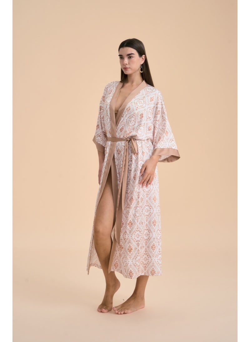 Closme Luxury Floral Paisley Silk Bathrobe for Women - Belted V-Neck Nightgown with Wide Sleeves - Image 1