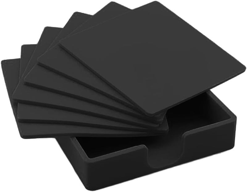 klarako Silicone Drink Coasters Set of 6, NonSlip Square Soft Coaster Cup Pad Mat, Tabletop Protection, Easy to Clean Black, 9.8x9.8x0.3cm - Image 1