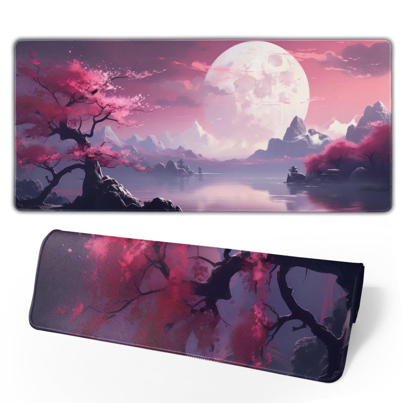 Brecoy Watercolor Japanese Large Gaming Mouse Pad Japanese Mouse Pad 31.5 X 11.8 In Mat Desk Pad Large Desk Mat Extended Keyboard Mousepad With Non-Slip Base And Stitched Edge For Desk Home Office - Image 1