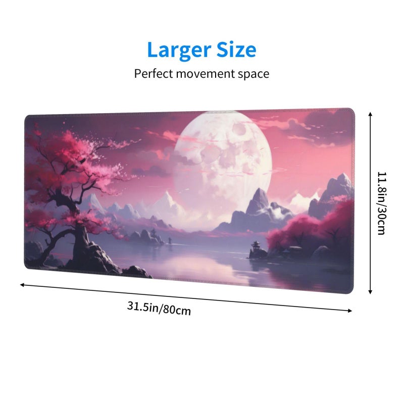 Brecoy Watercolor Japanese Large Gaming Mouse Pad Japanese Mouse Pad 31.5 X 11.8 In Mat Desk Pad Large Desk Mat Extended Keyboard Mousepad With Non-Slip Base And Stitched Edge For Desk Home Office - Image 2