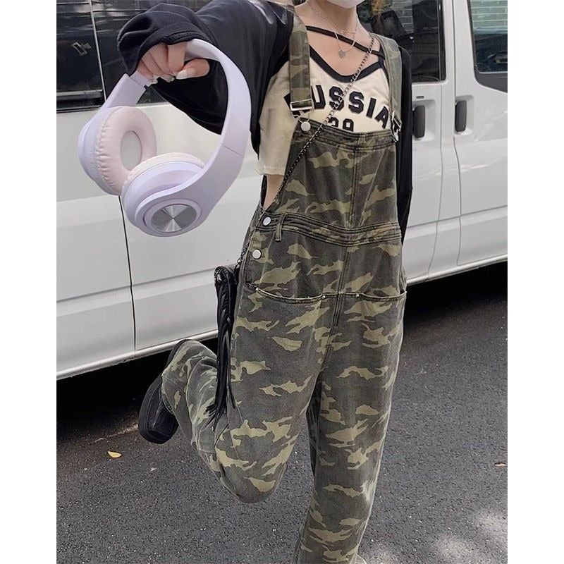Camouflage Workwear Denim Strappy Pants Womens Loose Spring and Autumn New High Waist American Style Hot Girl Sling Pants Slim-fit Pants Camouflage color