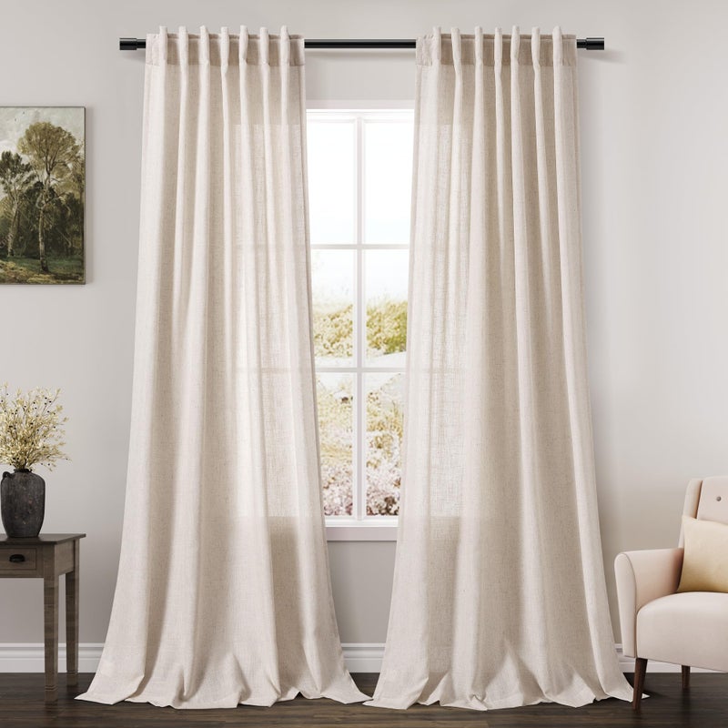 Nanspring Beige Flax Linen Curtains 84 inches Long for Living Room 2 Panel Tan Burlap Textured Drapes Semi Sheer Privacy Khaki Window Curtain Country Rustic Farmhouse Canvas Cloth Curtain for Dinning Room - Image 1