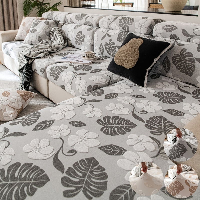 1pc Beige Soft Fleece Thickened Printed Mangle Leaf Full Cover Elastic Sofa Cover For Four Seats Chairs Recliners Pet Friendly Dust Proof Home Aesthetic Protection - Image 3