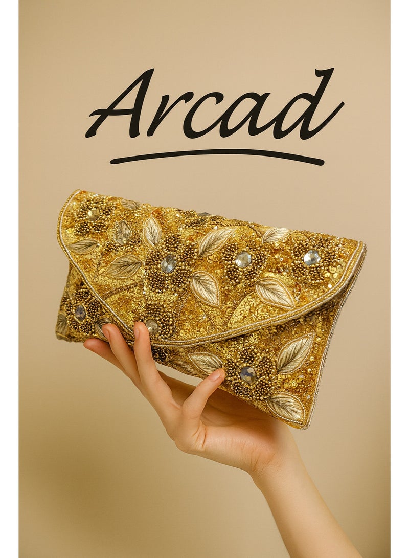 أركاد حقيبة كلاتش زفاف ذهبية من أركاد، مصنوعة يدويًا، مزينة بالخرز، بتصميم هندي - Image 1
